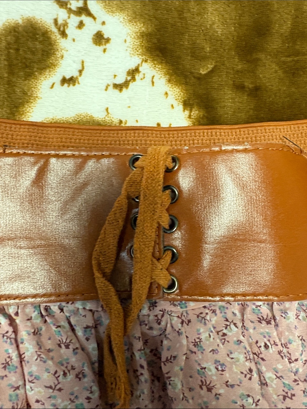 Deb Pink Floral Tiered Ruffle Mini Skirt with Brown Lace-Up Waistband - Picture 3 of 9